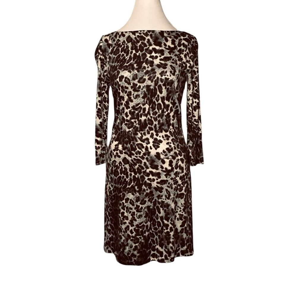 ABS Leopard Print Dress Wool Blend Lined Black Tan Size S Sheath Animal Print